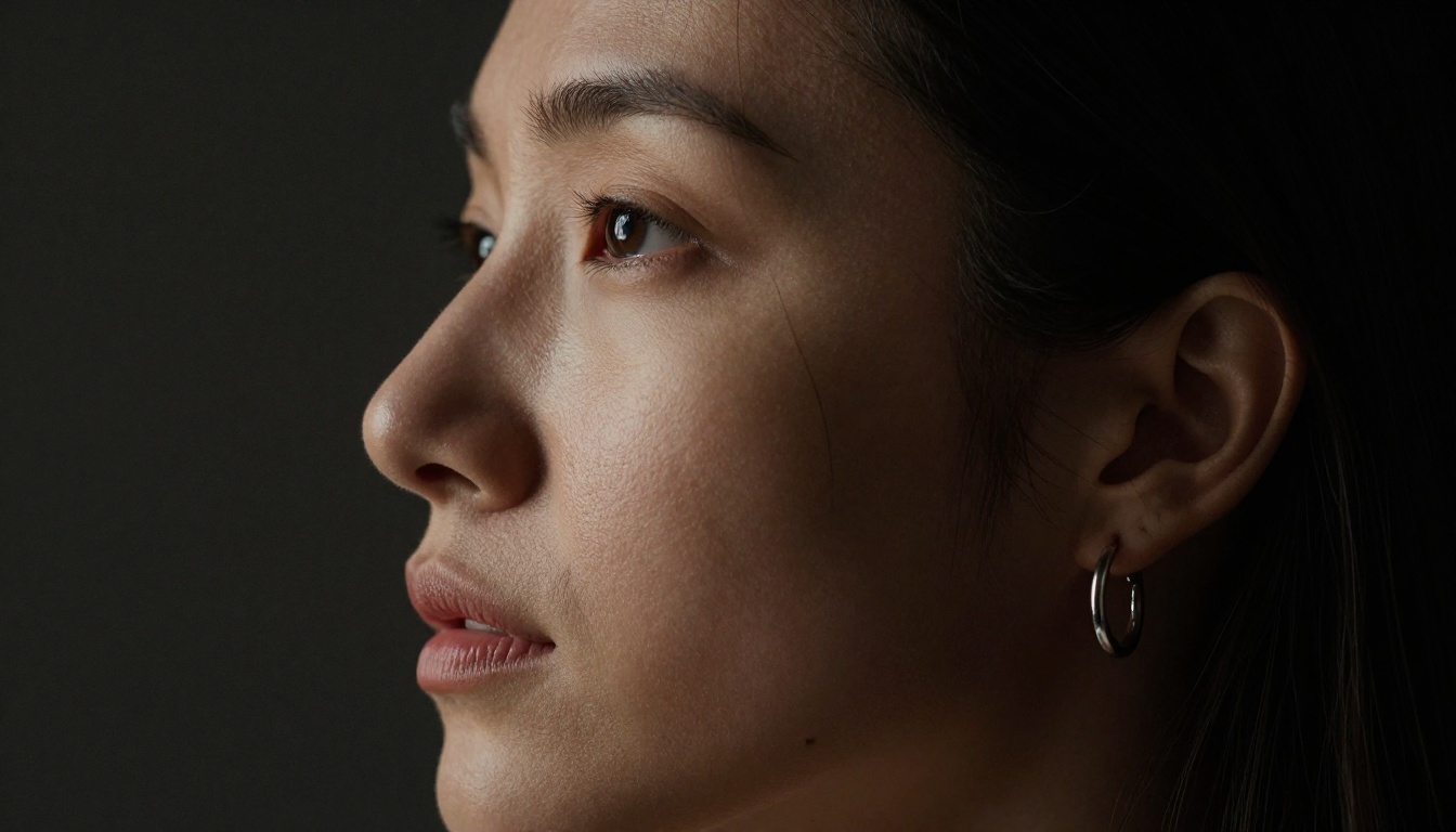 Profile chiaroscuro portrait with directional spotlight catching skin texture, jaw angle, and specular catchlight in iris, Hasselblad 90mm photorealistic 8K photography
