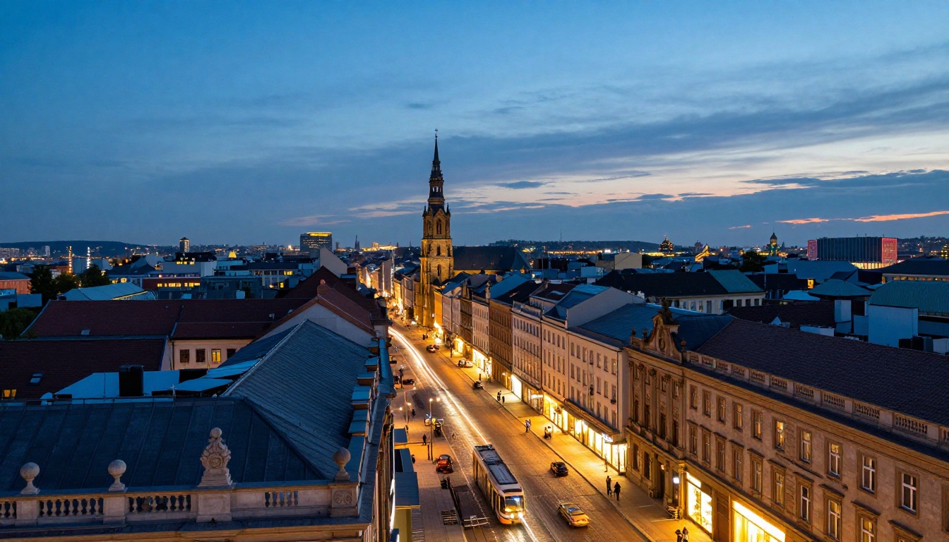 AI-generated blue hour cityscape with light trails, cobblestone reflections, and atmospheric depth from an elevated rooftop perspective