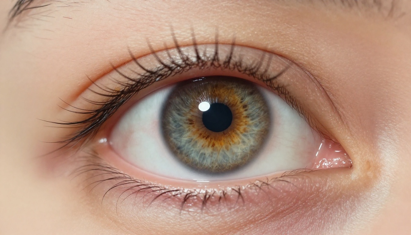 Extreme macro close-up of a human eye with iris fiber detail, individual lashes, and catchlight, generated entirely by AI with photorealistic skin texture