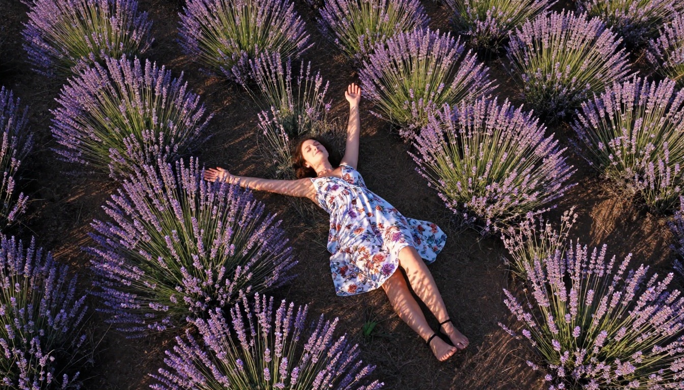 Aerial overhead flat-lay of a woman lying in a lavender field, arms outstretched, golden afternoon light creating textured shadows between lavender rows, photorealistic drone photography 8K RAW