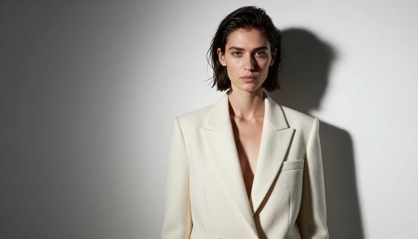 AI-generated editorial fashion portrait in a minimalist studio setting, showing photorealistic fabric texture and directional studio lighting
