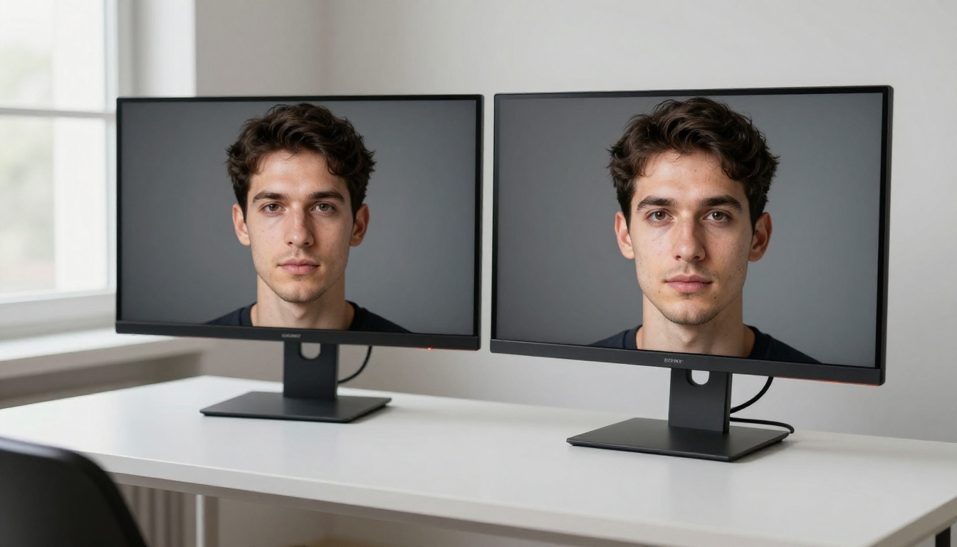 Comparison of two portrait photographs on a minimalist workspace monitor showing visible quality difference in skin detail between AI model versions, 8K RAW photography