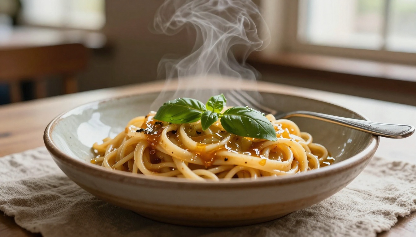 Professional AI-generated food photography of a gourmet pasta dish with steam, natural window light, and rustic linen surface texture