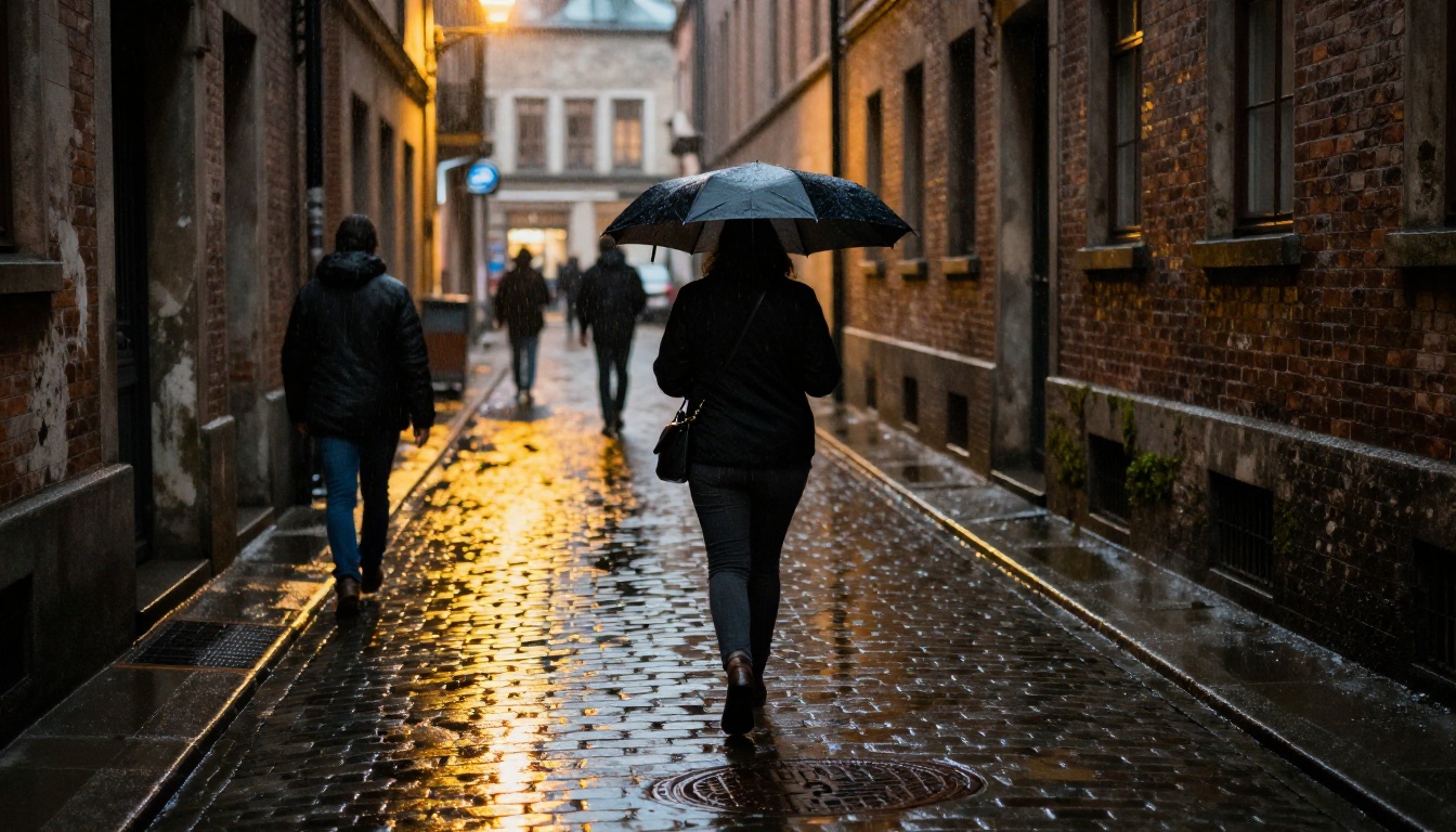 AI-generated candid street photography scene with rainy cobblestones, umbrella silhouette, warm lamp reflections, and documentary film grain
