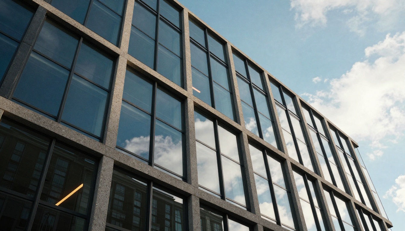 Low-angle architectural photography of a modern glass building facade with geometric reflections and strong converging lines toward the sky