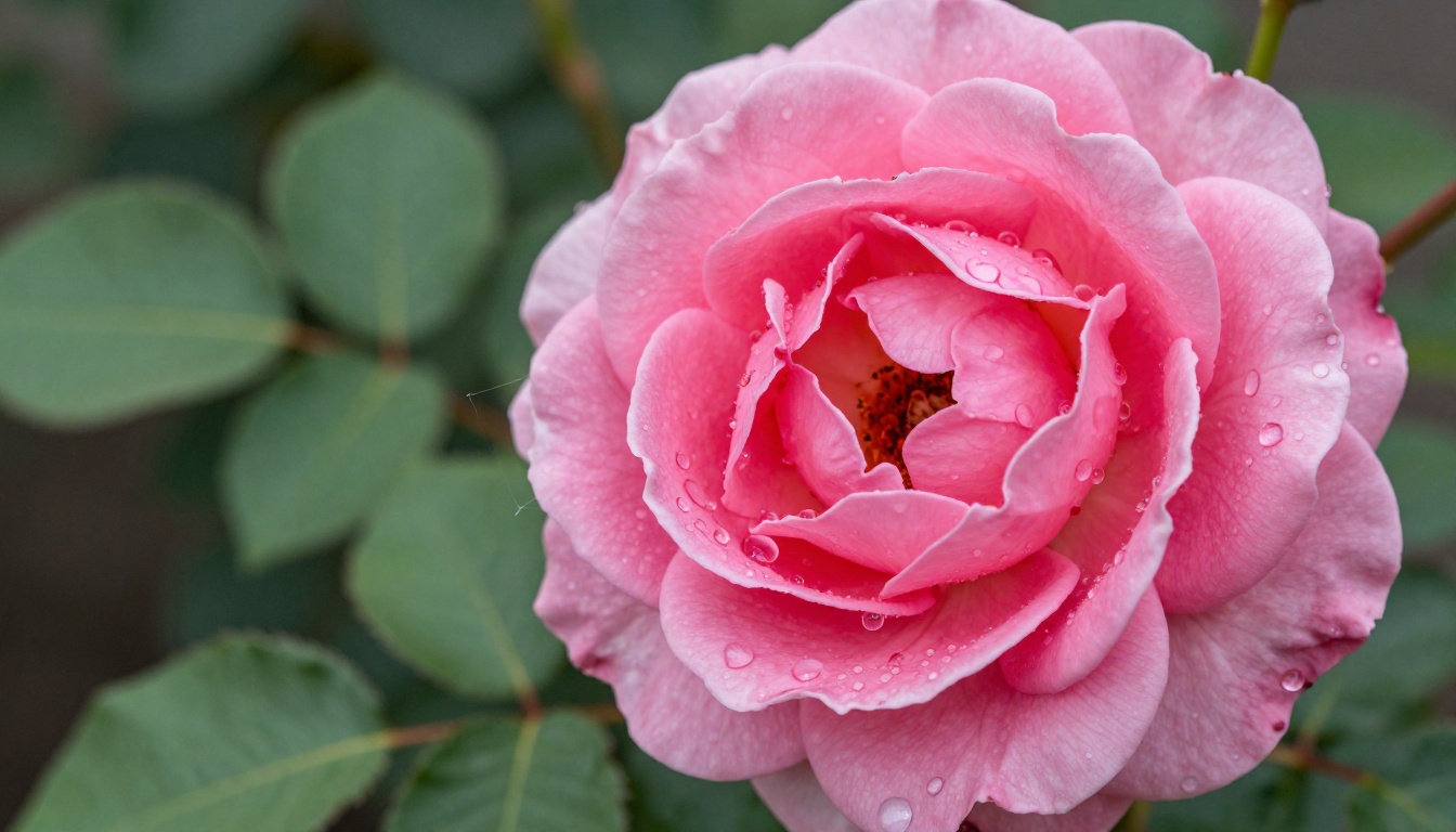 Extreme macro photograph of a pink rose showing water droplets with internal refraction, petal texture gradient, and spider web thread detail between petals