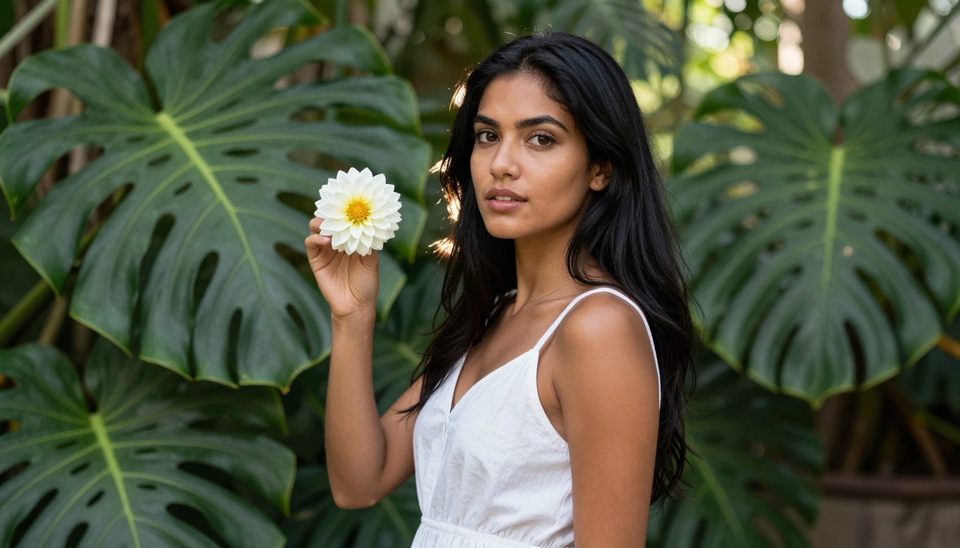 A woman in a white dress holding a white dahlia in a lush botanical garden, low-angle, natural halo backlight