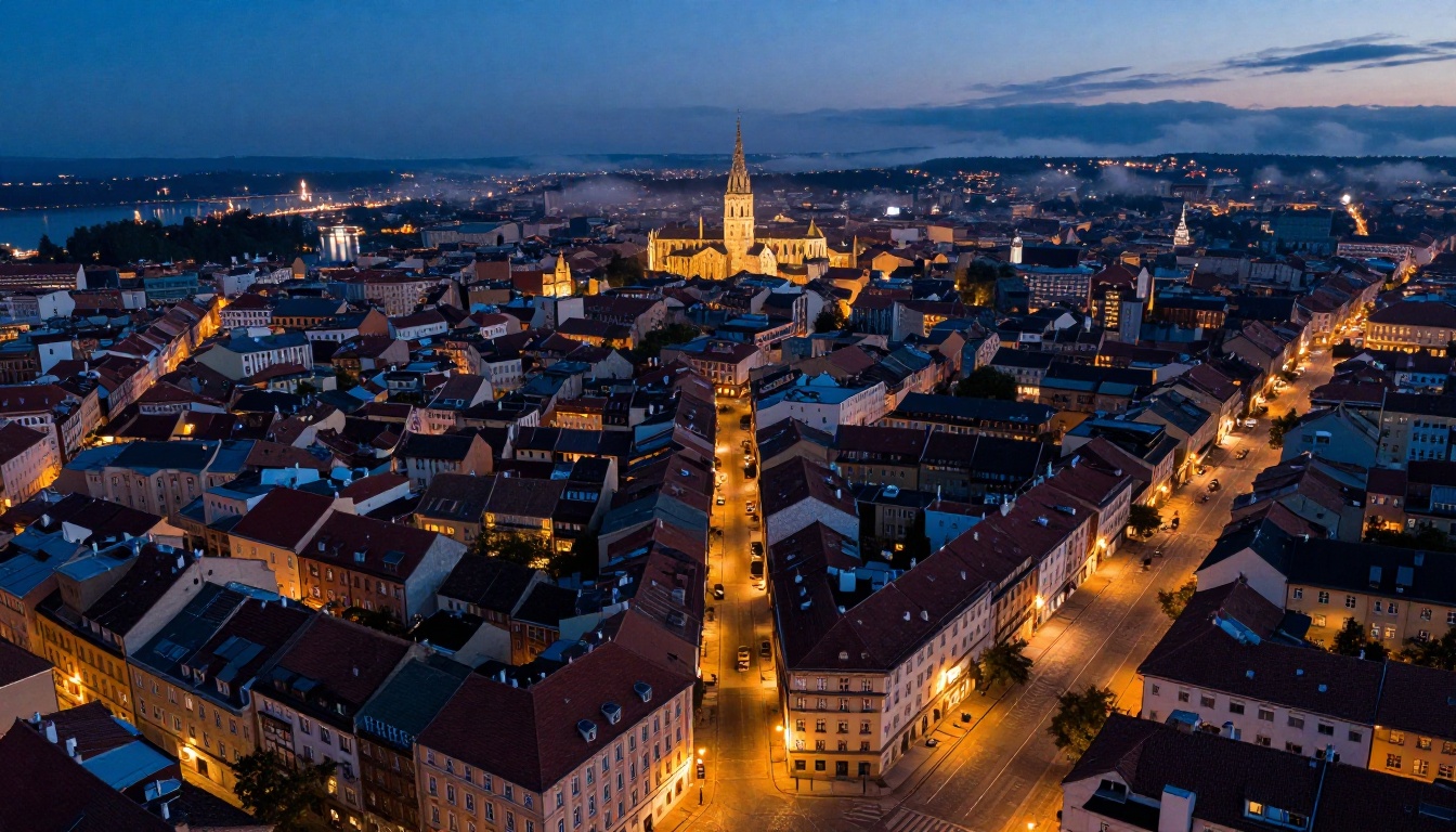 Aerial drone photography of a European city at blue hour with amber streetlamps, cobblestone streets, cathedral spire, and river reflection