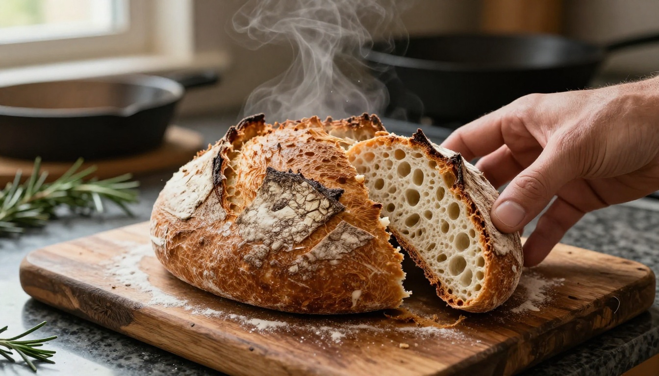 Macro close-up of a fresh artisan sourdough loaf being torn open, steam rising, rustic kitchen background, warm morning light