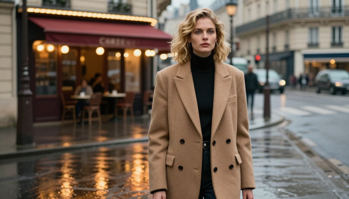 A fashionable woman in a camel wool blazer on a rain-slicked Paris street at twilight, wet pavement reflection