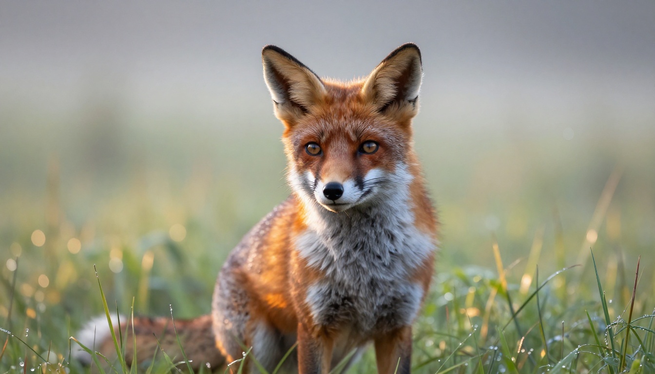 A red fox sitting alert in a dewy morning meadow, golden rim lighting on russet fur, amber eyes, soft bokeh background
