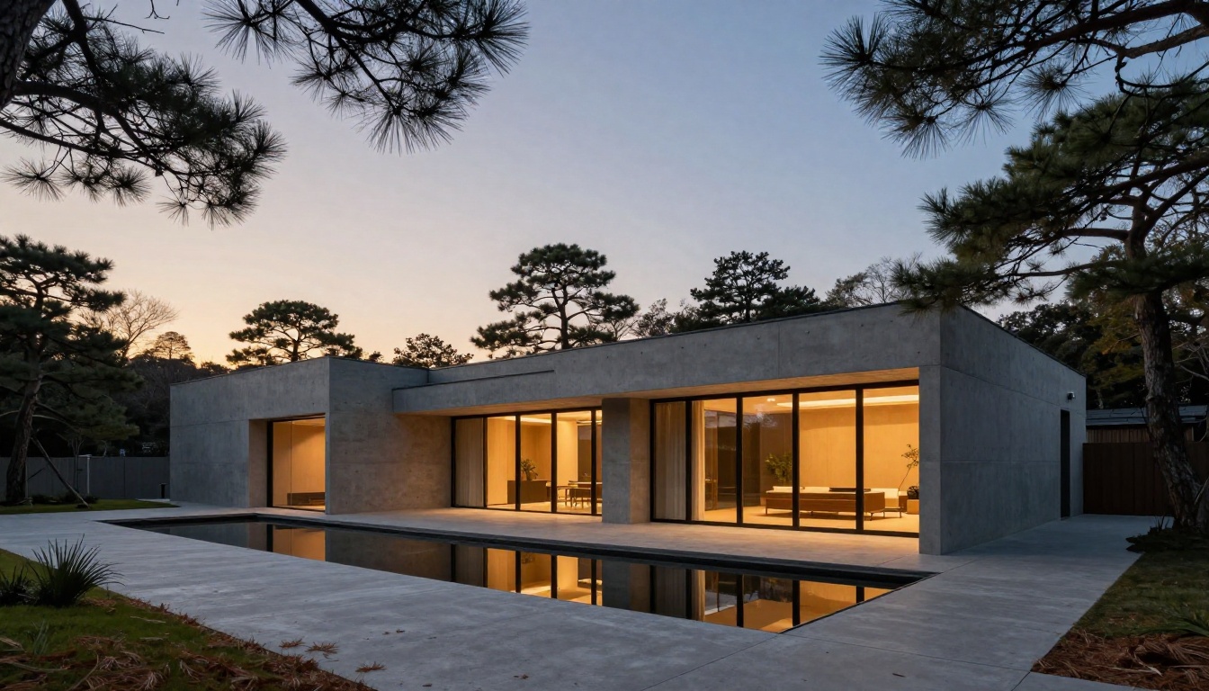 A minimalist Japanese-influenced home with concrete and glass at dusk, reflecting pool along the entrance path