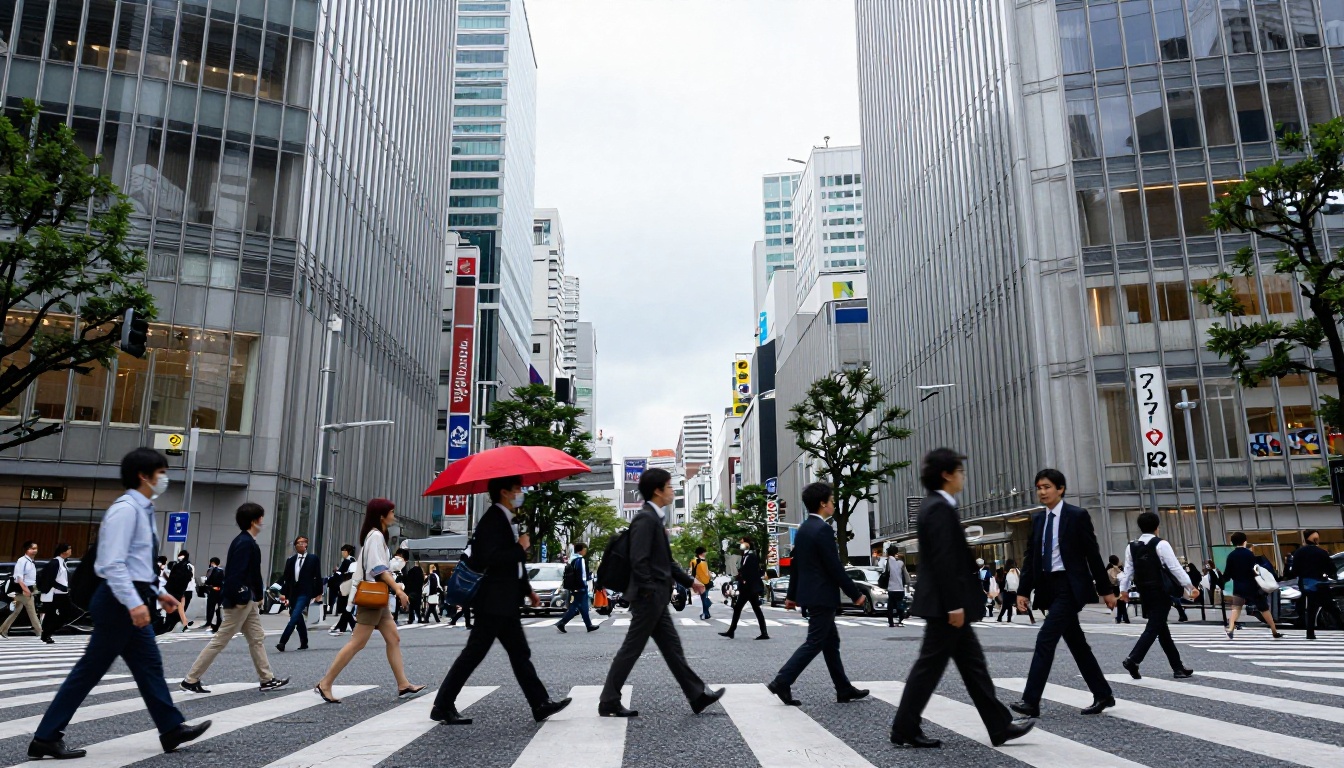 A busy Tokyo intersection at midday, dozens of pedestrians, a single red umbrella as vivid color contrast, elevated perspective