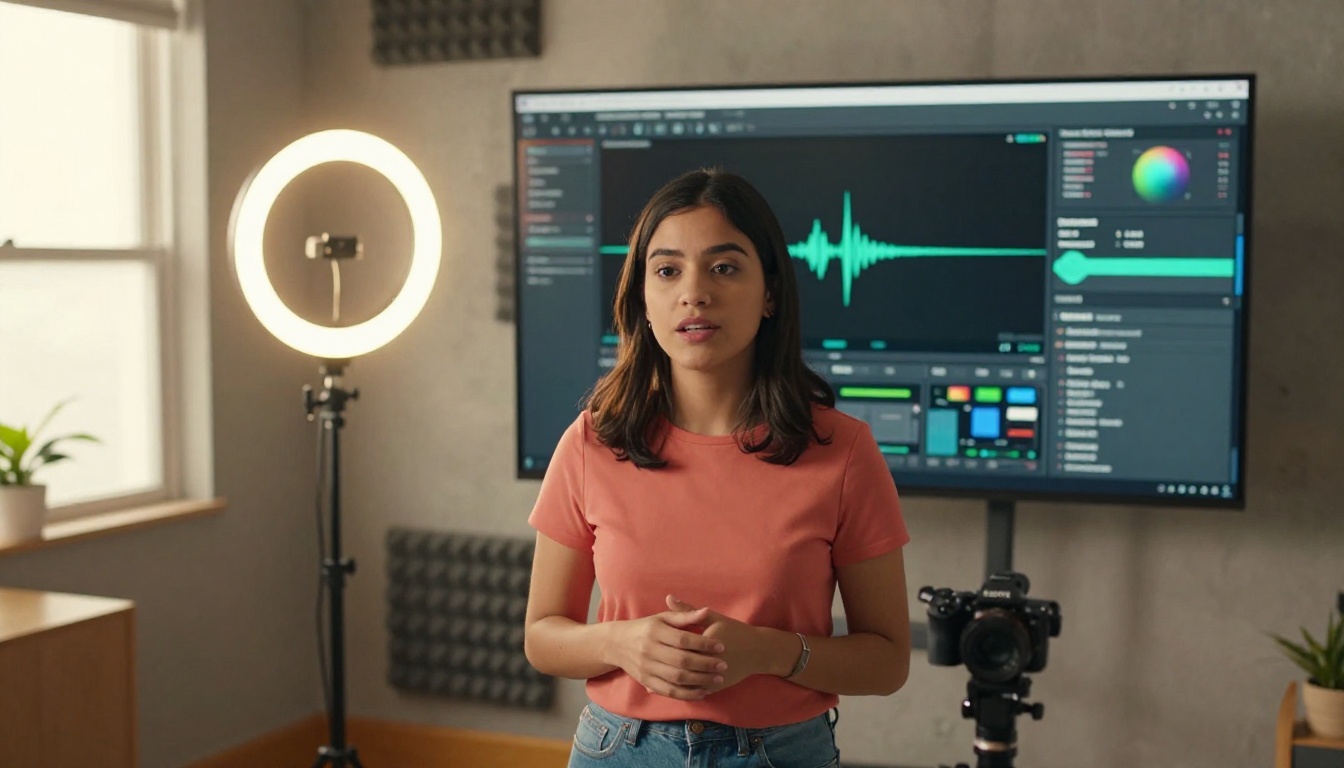Content creator filming in home studio with AI video interface