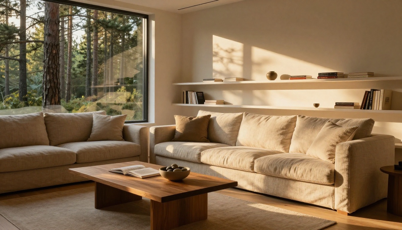 A luxury minimalist living room at golden hour, linen sofa, bleached oak floors, picture window overlooking a pine forest