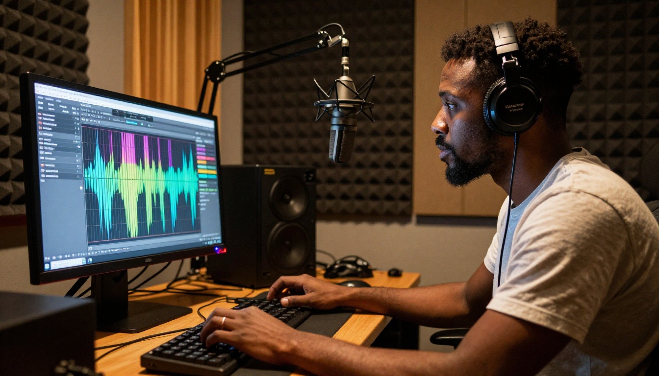 Musician using AI music generation software in recording studio