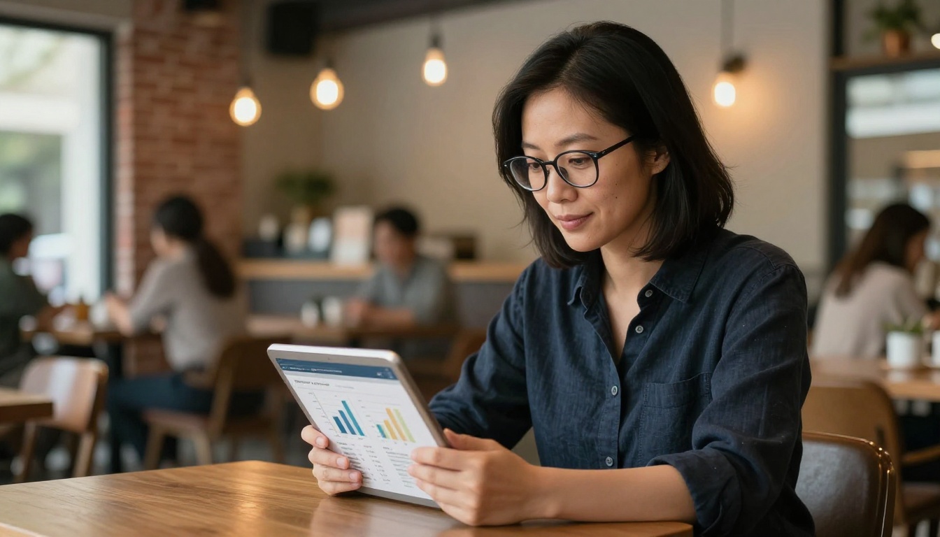Person reviewing AI earnings on tablet in coffee shop