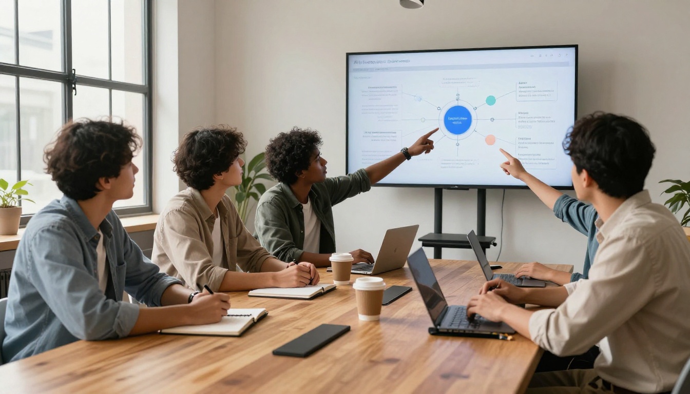 Diverse team collaborating on AI workflow around conference table