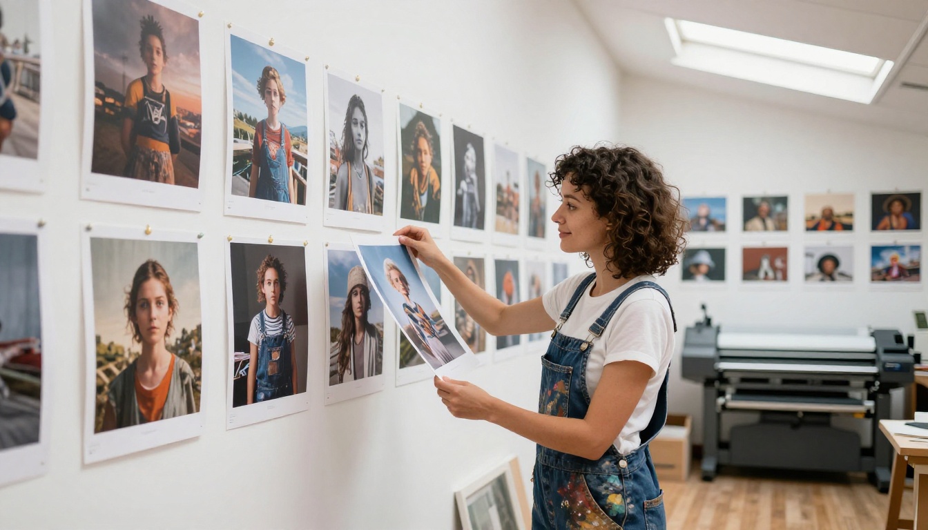 Woman reviewing AI art prints in home studio