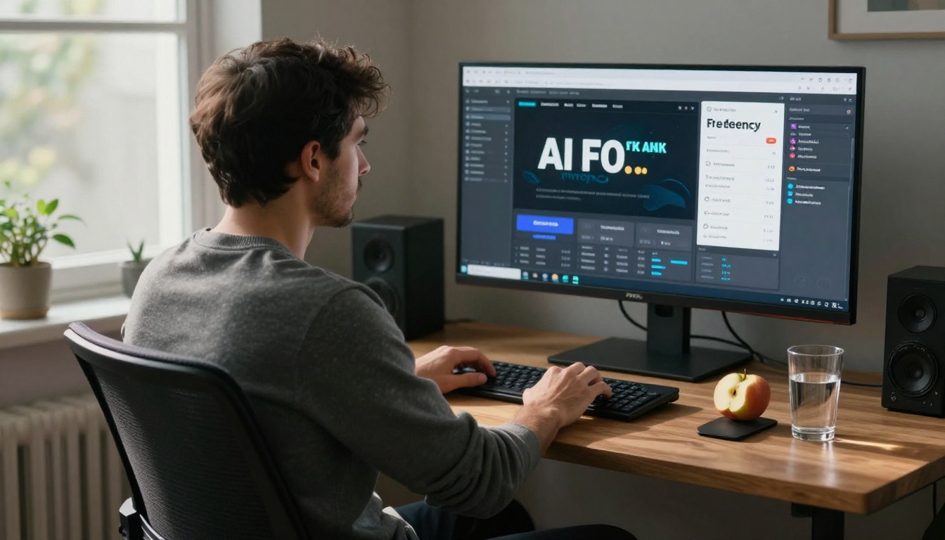 Man working on multiple AI income streams from home office