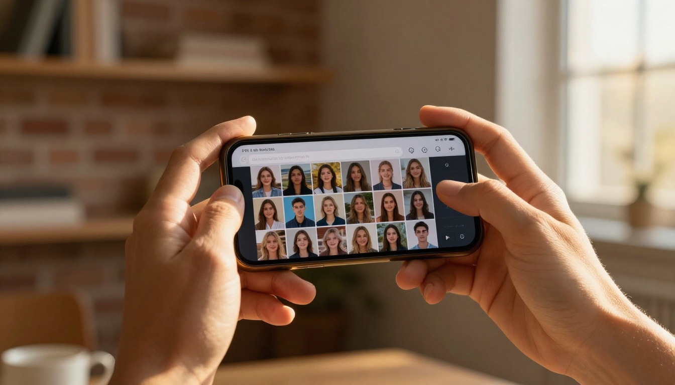 Hands holding smartphone showing AI platform interface with creative image outputs