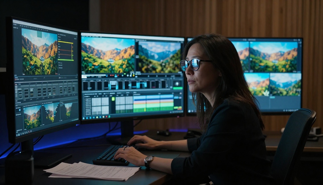 Film director editing AI-generated video in a professional studio