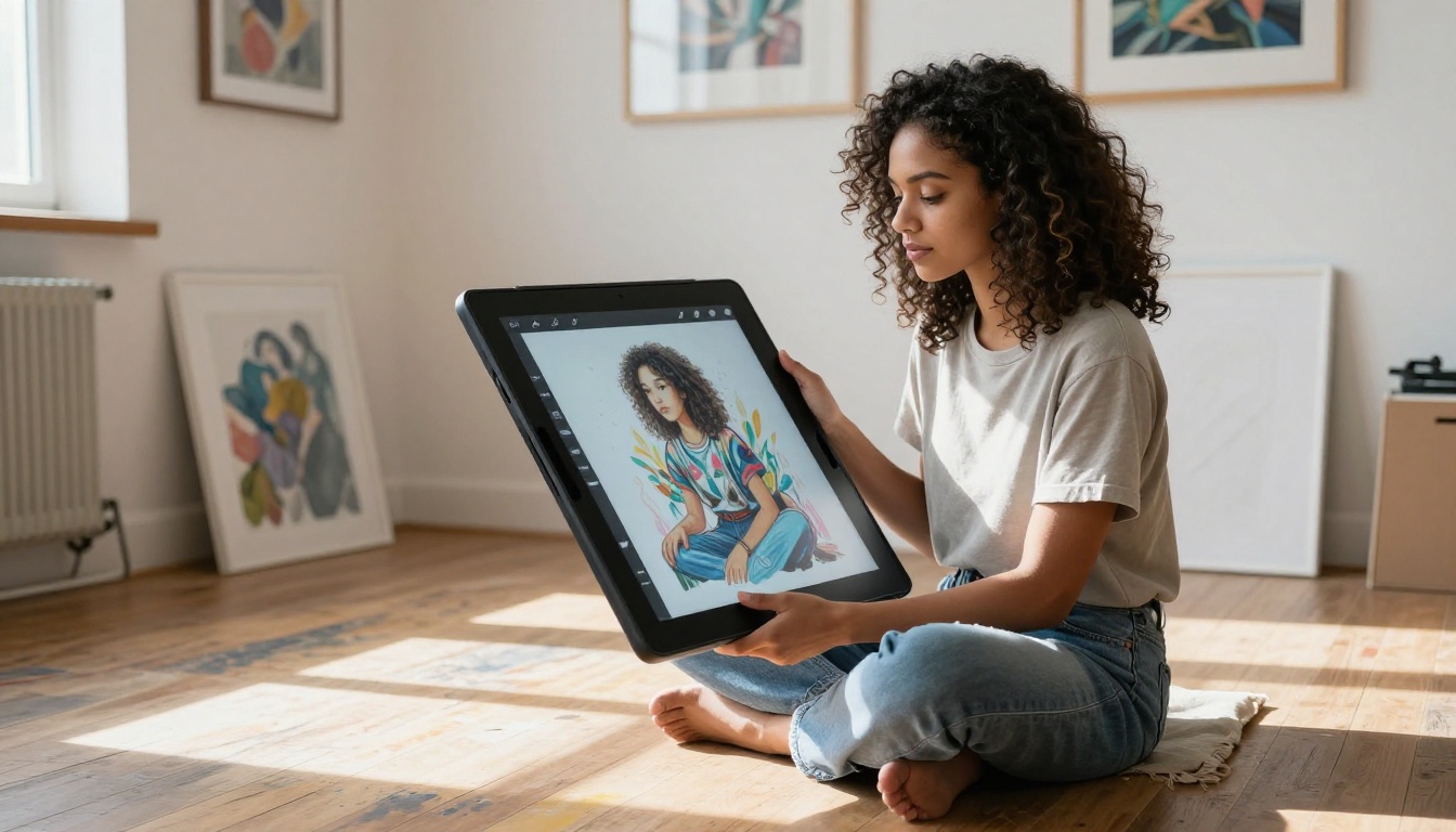 Creative professional using AI image generation on a drawing tablet