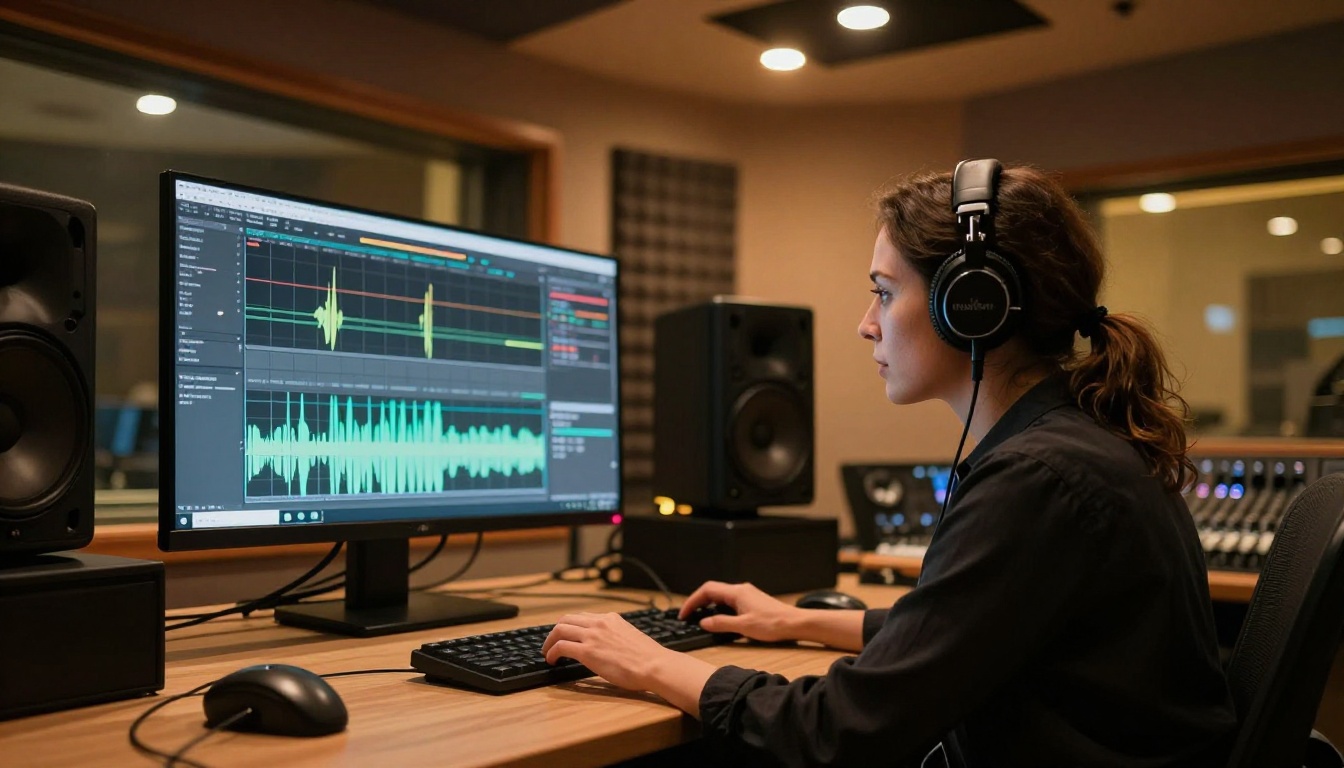 Sound engineer reviewing audio waveforms in a professional recording studio