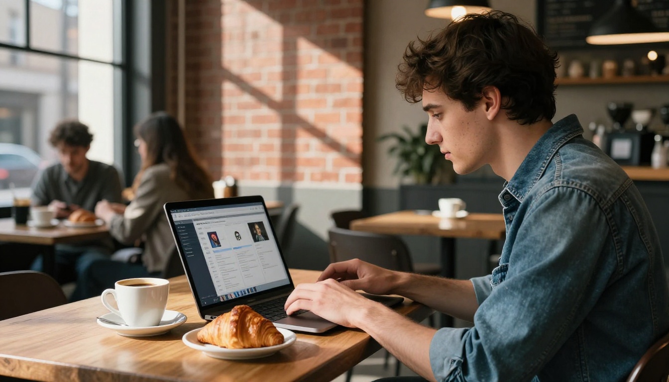 Man working on AI image generation at a laptop in a coffee shop