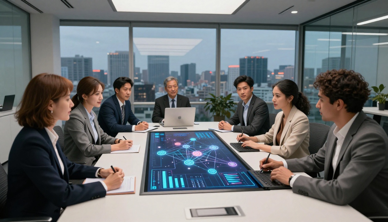 Team of professionals collaborating around an AI data visualization table