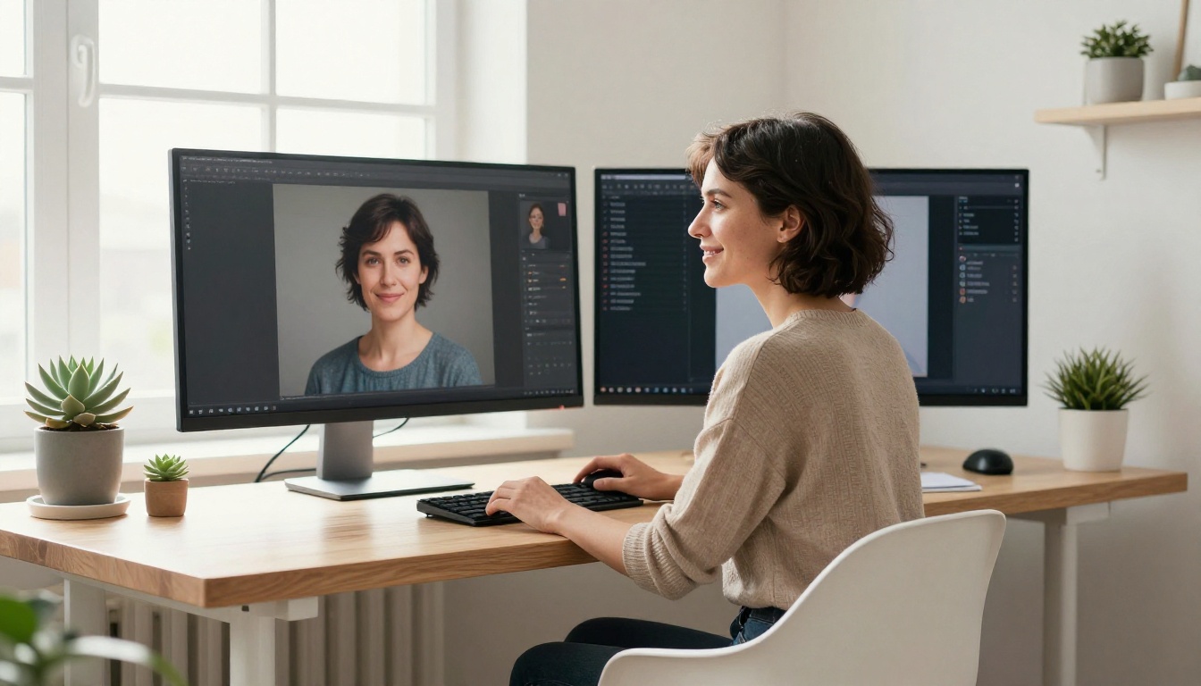 Woman exploring AI-generated images on a monitor in a bright Scandinavian home office