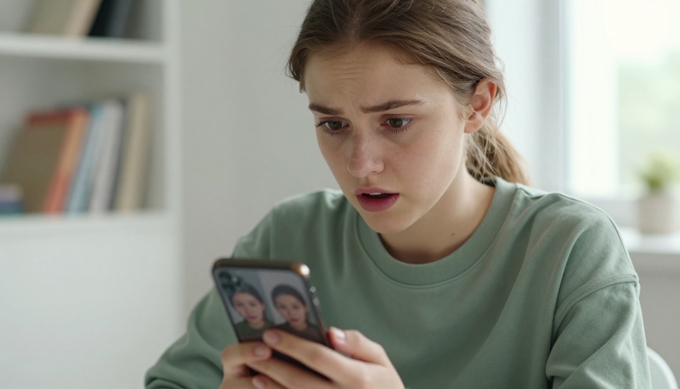 A woman holding a smartphone comparing her real selfie and her AI-generated twin side by side, natural daylight, candid expression
