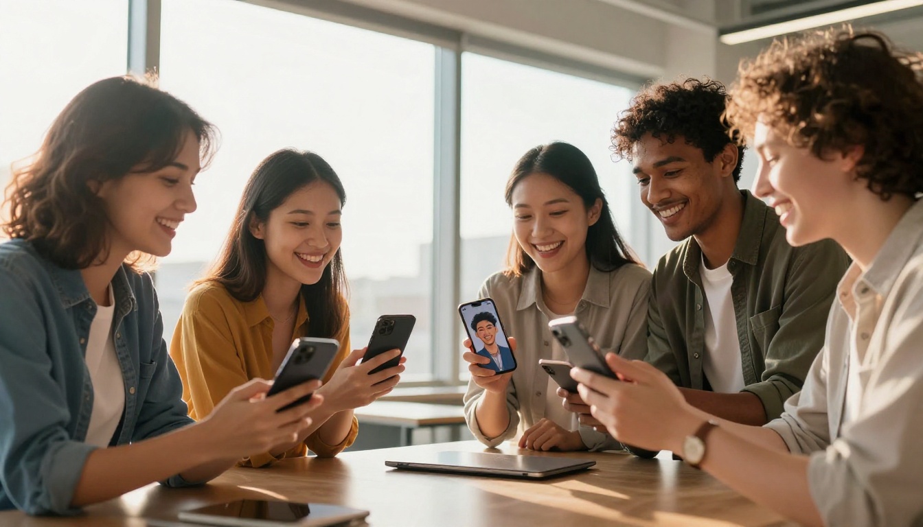 Diverse group of young professionals comparing AI twin portraits on their smartphones in a bright modern office