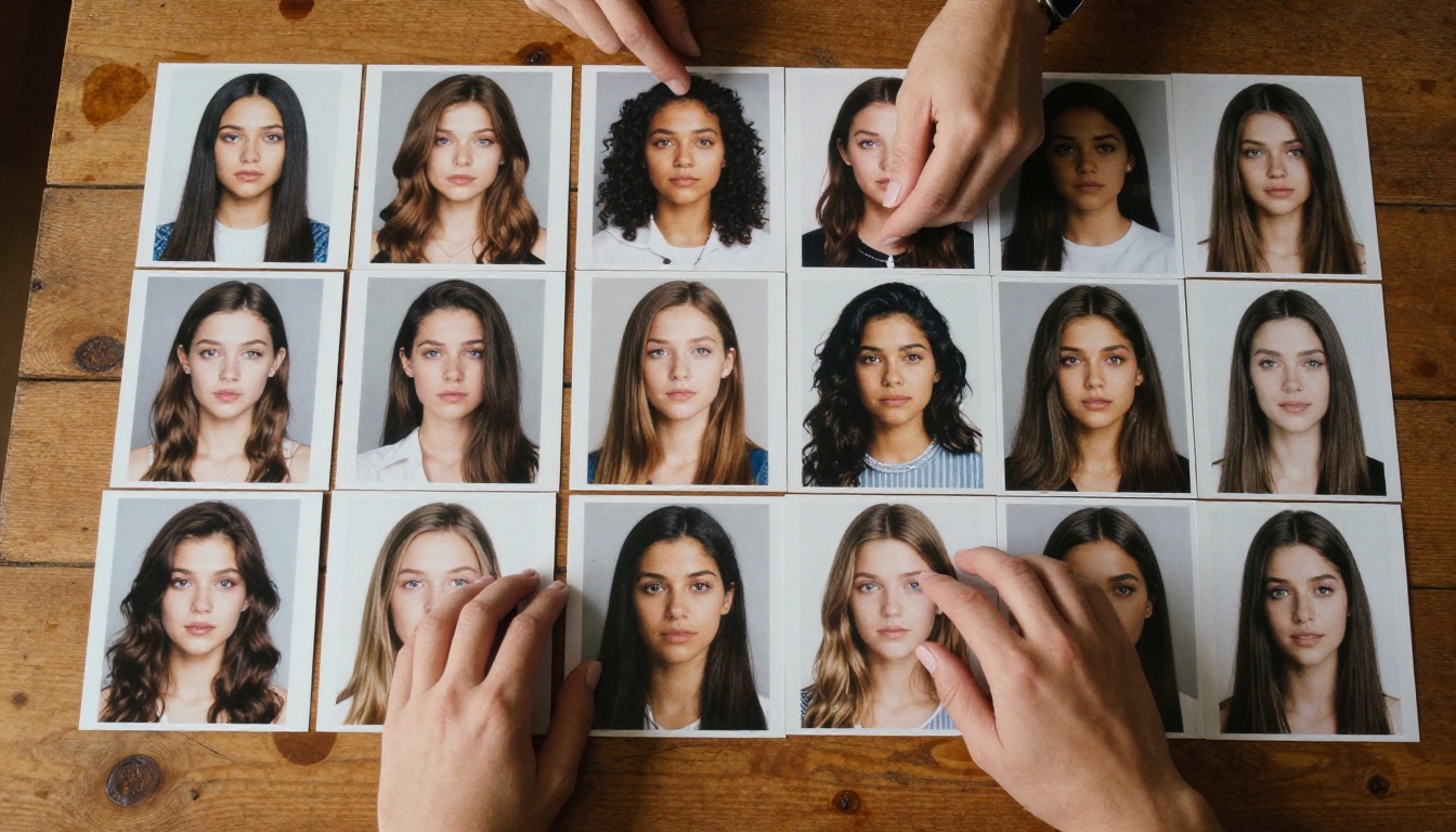 Aerial view of dozens of printed AI-generated portrait variations of the same woman laid out on a wooden table