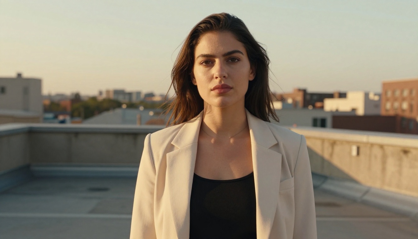 Confident young woman standing on a sunlit city rooftop at golden hour, low angle, professional portrait quality