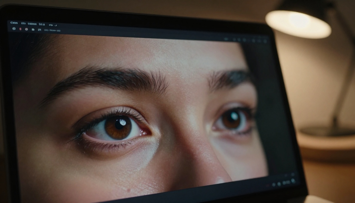 Extreme close-up of human eyes reflected in a laptop screen showing an AI avatar generation interface, shallow depth of field