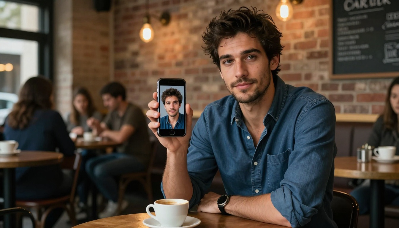 A man at a coffee shop showing his AI-generated twin portrait on his smartphone, warm cafe lighting, candid composition A man at a coffee shop showing his AI-generated twin portrait on his smartphone, warm cafe lighting, candid composition