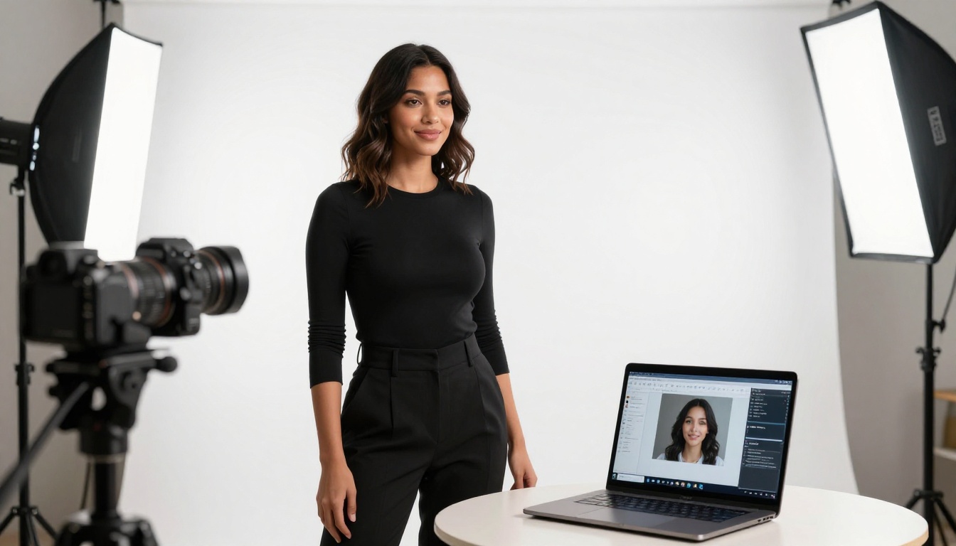 A woman in a home photography studio setting up shots of herself to upload for AI avatar training A woman in a home photography studio setting up shots of herself to upload for AI avatar training