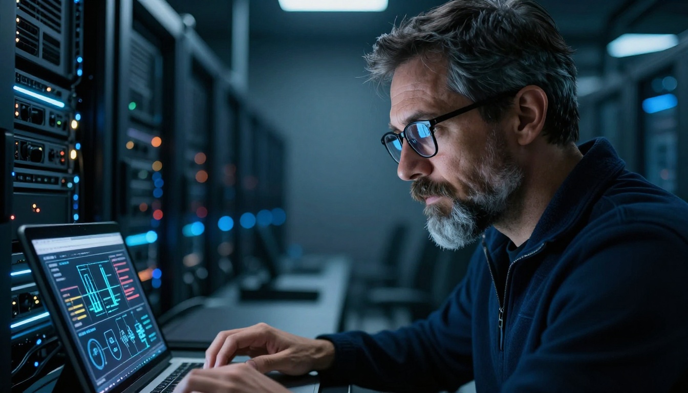 An AI researcher with sharp focus examines benchmark data on a tablet, lit by server room blue glow