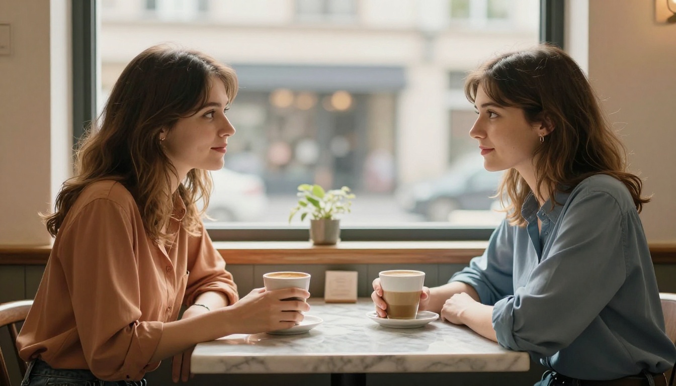 Two nearly identical women sitting across from each other at a marble cafe table, warm daylight between them, uncanny resemblance Two nearly identical women sitting across from each other at a marble cafe table, warm daylight between them, uncanny resemblance