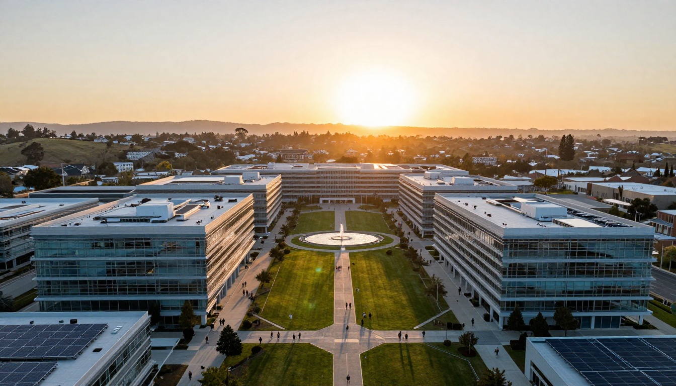 Aerial golden hour view of a sprawling tech campus with glass buildings, green courtyards, and long evening shadows Aerial golden hour view of a sprawling tech campus with glass buildings, green courtyards, and long evening shadows