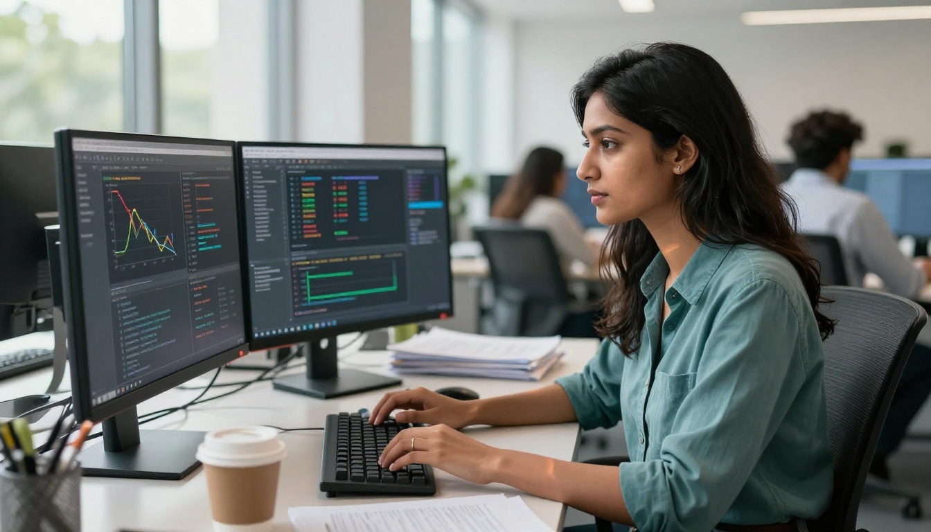 South Asian software engineer coding on ultrawide monitors in a bright modern open-plan office South Asian software engineer coding on ultrawide monitors in a bright modern open-plan office