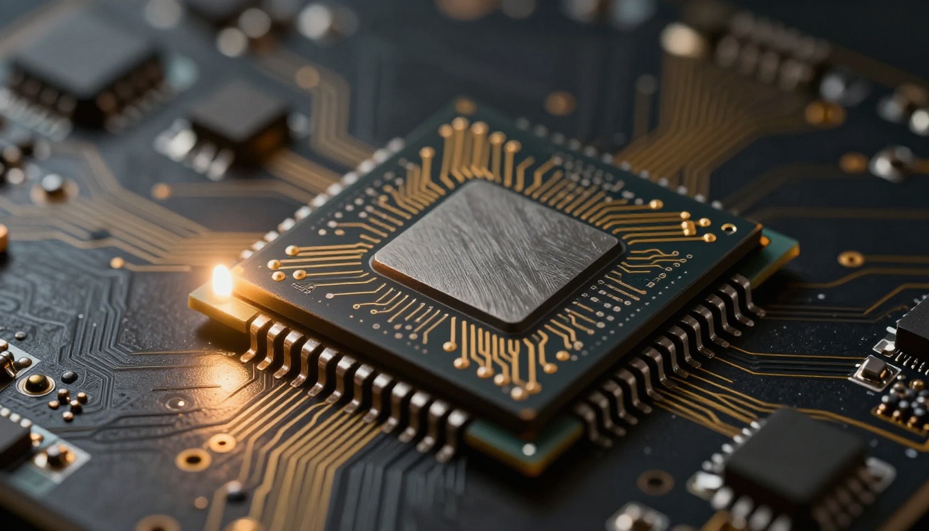 Extreme close-up macro shot of a next-generation AI processor chip with golden circuit traces on dark silicon