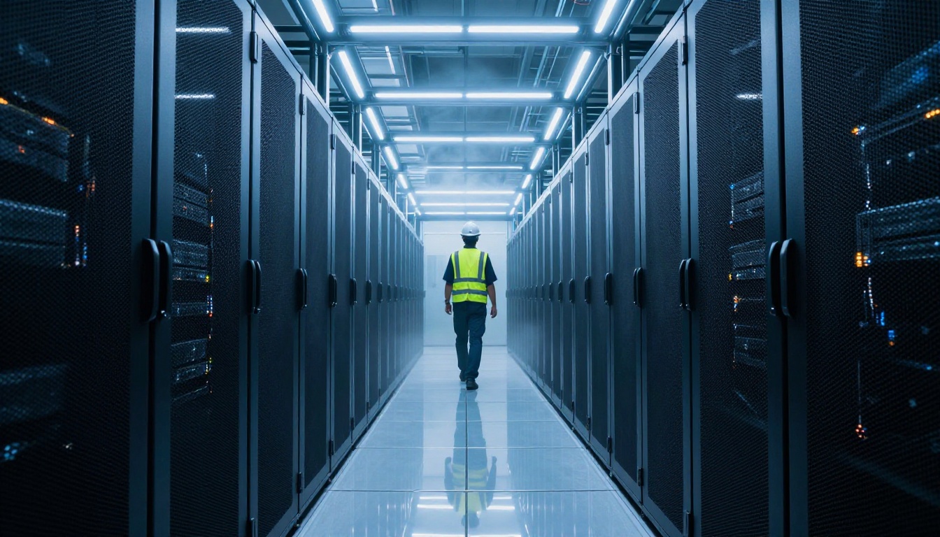 Sleek modern AI data center corridor with cool blue LED lighting and server racks stretching into the distance