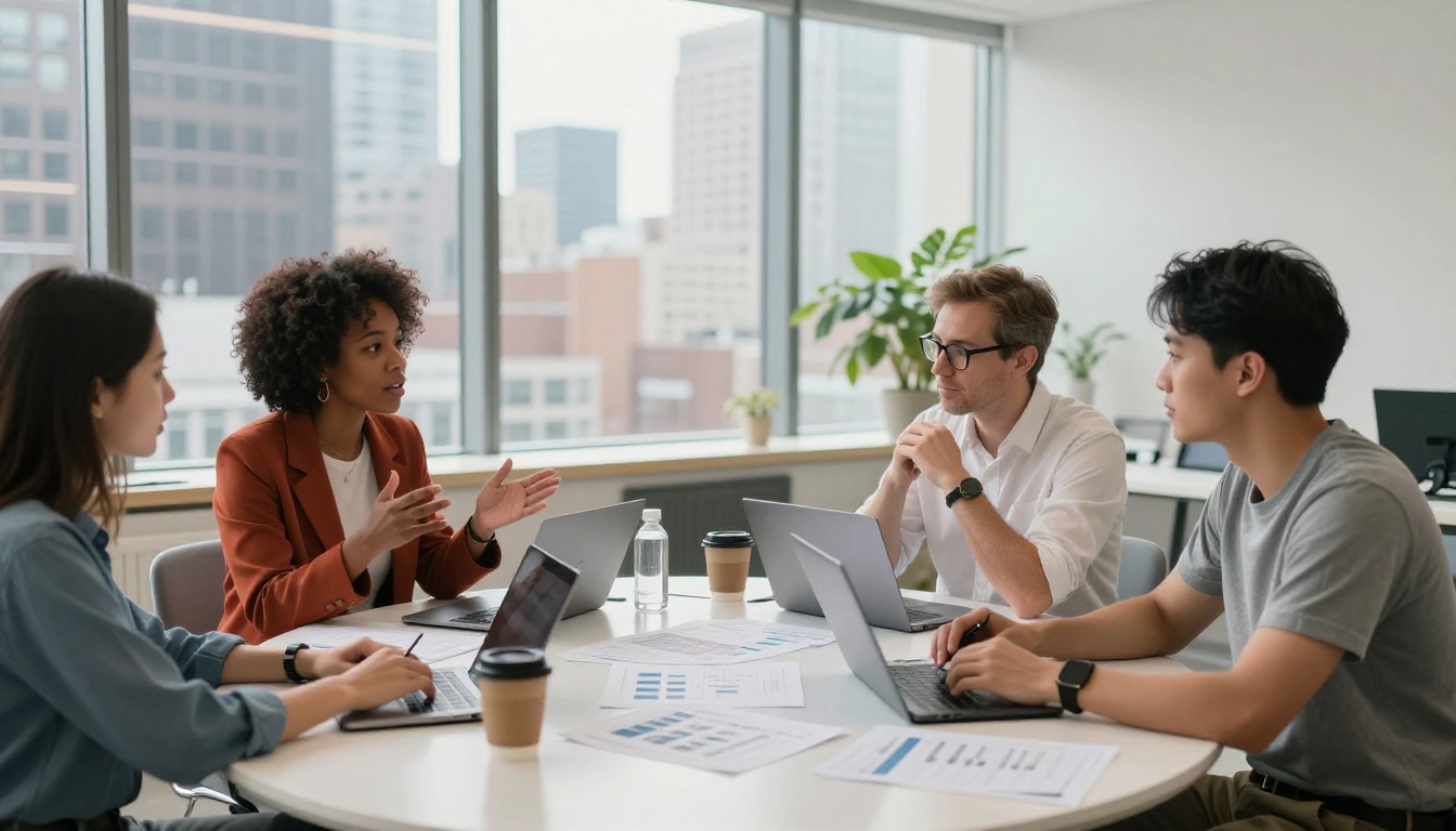 Diverse AI research team gathered around a table reviewing benchmark sheets in a glass-walled meeting room with city views