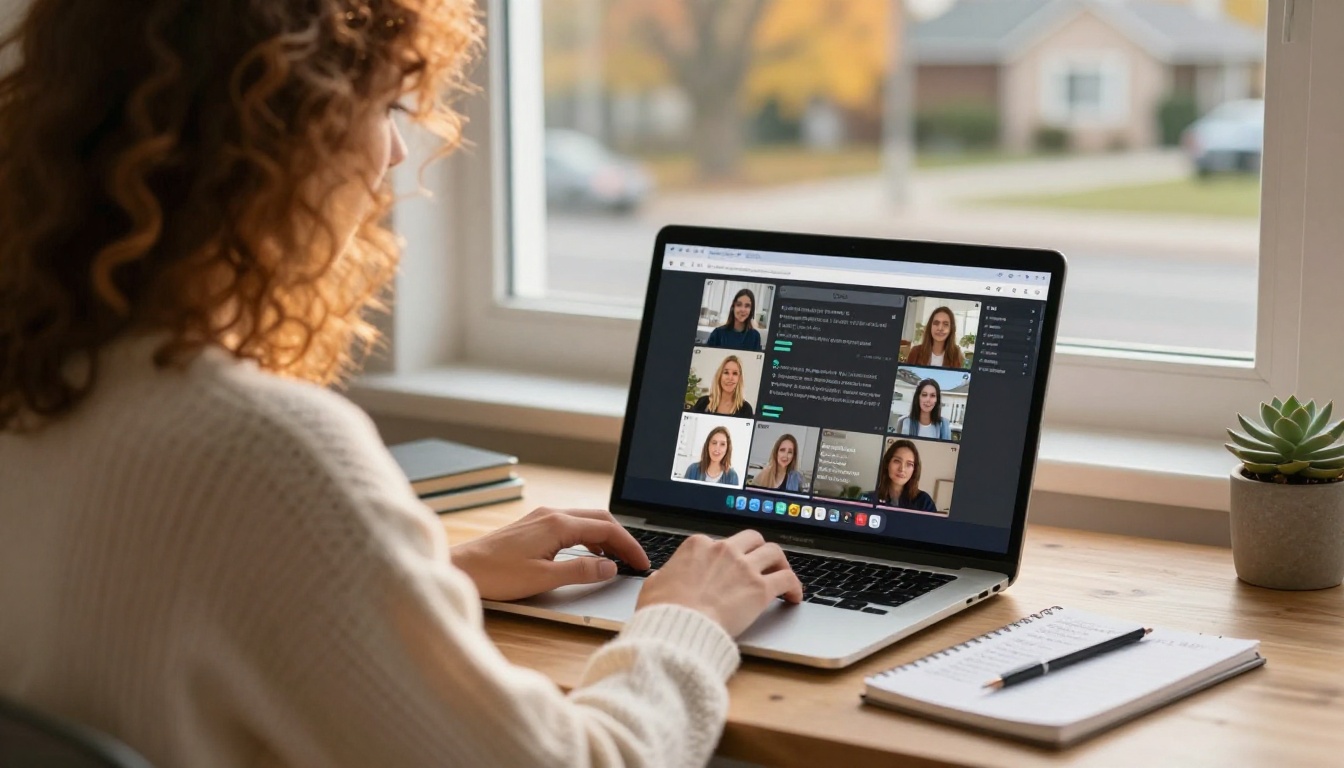 Woman reviewing AI chat responses on a laptop in a warm, naturally lit home workspace with autumn light through the window