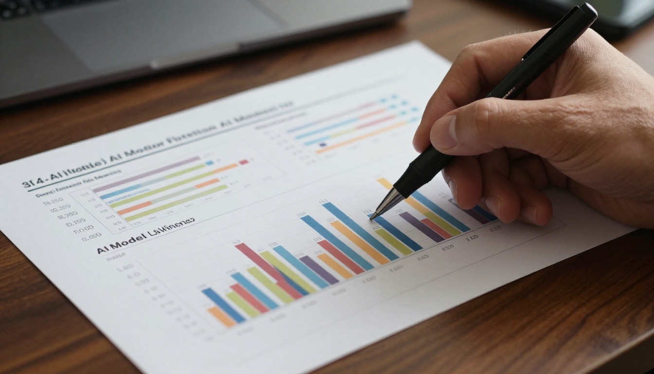 AI model benchmark comparison charts being reviewed on high-quality matte paper at a polished walnut desk AI model benchmark comparison charts being reviewed on high-quality matte paper at a polished walnut desk