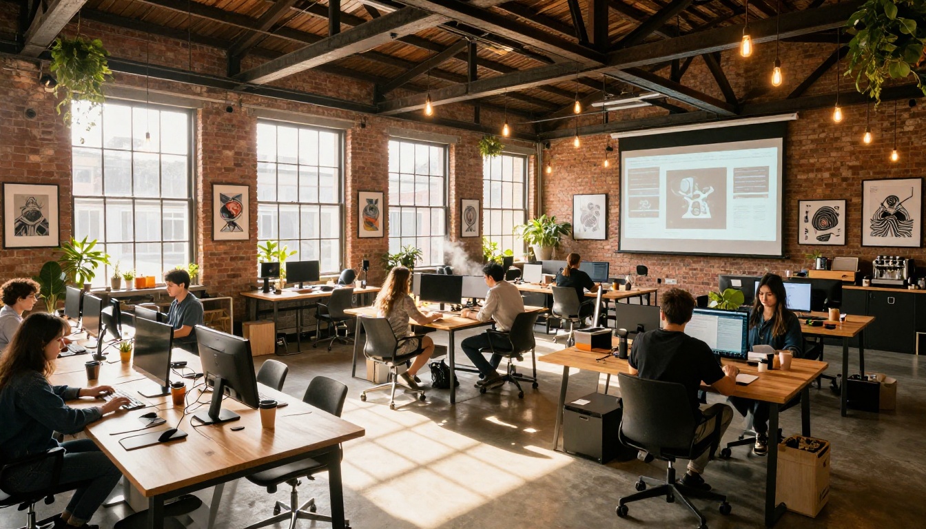 Lively modern coworking space with professionals using AI tools, warm Edison bulb lighting, and exposed brick walls Lively modern coworking space with professionals using AI tools, warm Edison bulb lighting, and exposed brick walls