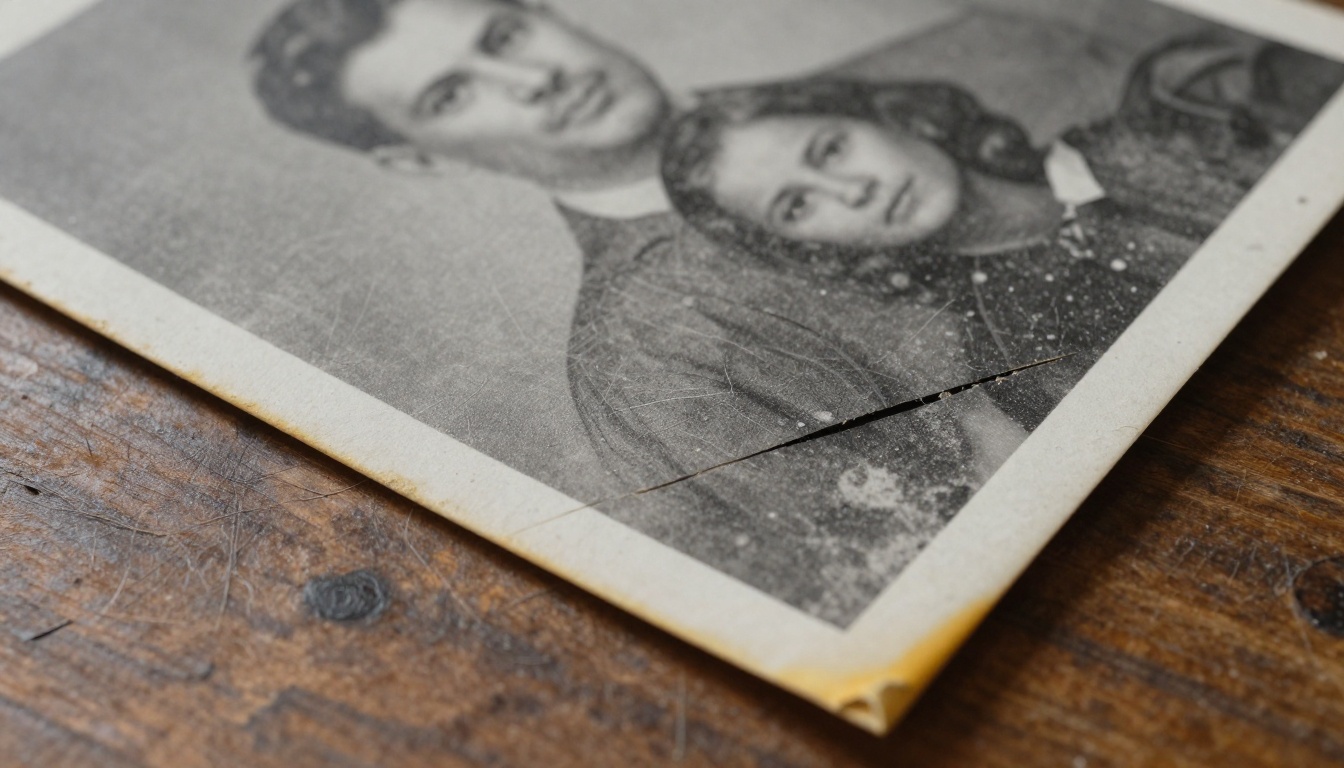 Damaged vintage family portrait from the 1950s showing cracks, yellowing, and scratches