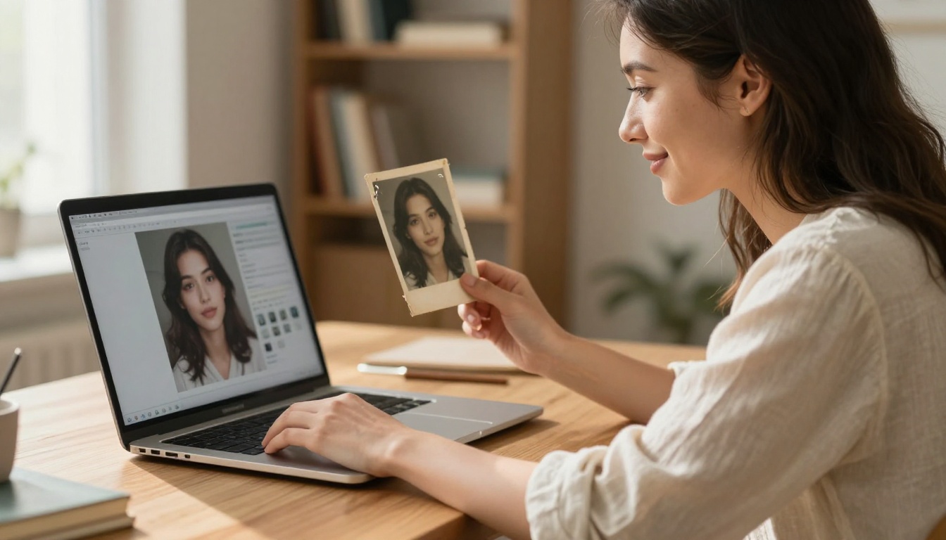A woman holding a damaged vintage photograph up to her laptop screen running an AI restoration interface